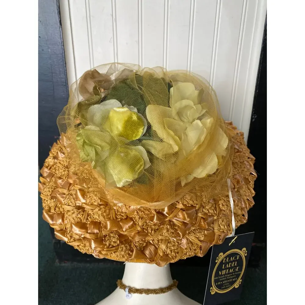 vintage 1960s wide brim straw hat rose petals 60s fashion tulle netting kentucky - Picture 4 of 8